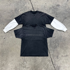 Personnalisé couches à manches longues T-Shirts hommes Vintage coton lavé Double couche Hip Hop blanc plaine microfibre t-shirt pour hommes - Product Image 2