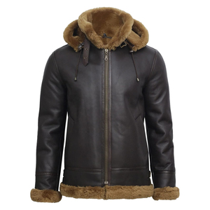 Low Price <b>Men</b> Aviator Flying Genuine Shearling Sheepskin Leather Bomber Hooded <b>Jacket</b> Brown <b>White</b> Sherpa Inner - Product Image 5