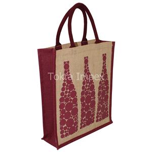 Elegante Bolsa de Yute con Estampado de Puntos de un Solo Color, Laminada en PP, con Soporte para Tres Botellas de Vino, Asa de Cuerda Acolchada, para Promociones - Product Image 6
