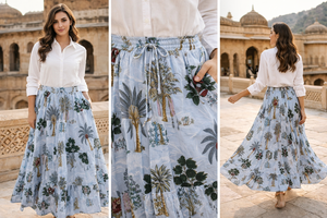 Women Floral Tree Print Maxi <b>Skirt</b> <b>Elastic</b> Waist Tiered Frill Long <b>Skirt</b> with Pockets Casual Summer Boho Cotton <b>Skirt</b> - Product Image 5