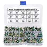 Kit d'assortiment de condensateurs électrolytiques en aluminium FYX Stock 225 pièces, 15 valeurs, 16V 25V 35V 50V, radiaux DIP, composants électroniques en boîte