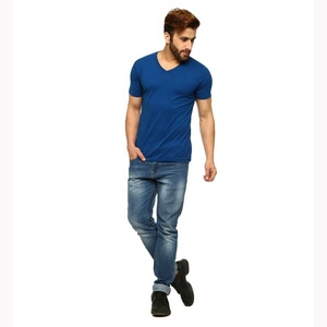 T-shirt pour homme à col rond, manches courtes, bleu uni, coupe ajustée, décontracté, 100% coton tricoté, longueur normale - Product Image 5
