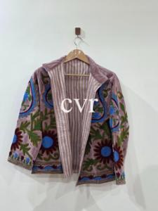 Manteau en velours brodé à la main, col mandarin, motif floral, vêtement d'extérieur d'automne, manches longues, style bohème, grande taille pour femmes - Product Image 3