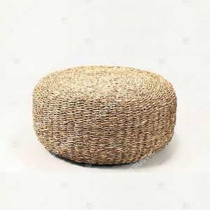 Pouf ottoman rond épais en fibres naturelles tissées (herbe de mer et jacinthe) au design rustique et moderne pour salon - Product Image 2