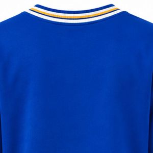 Royal Blue Women's Crewneck Sweater with Embroidered Greek Crest White Gold Striped Collar Cuffs Long Sleeve Knit Pullover - Product Image 6