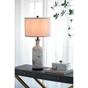 Lampada da Tavolo Sarris Tall in Vetro Grigio e Bianco con Paralume in Lino 14x14x28.5 Base Posteriore in Metallo - Product Image 1