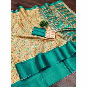 ผ้าส่าหรีงานพิมพ์ดิจิตอล dola Silk พร้อมด้วยเสื้อที่ไม่มีการเย็บ - Product Image 1