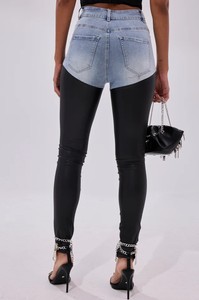 Jean en denim unisexe asymétrique taille mi-haute avec empiècements en PU, coupe ample à jambe large, longueur intégrale, style bohème, idéal pour le printemps - Product Image 4
