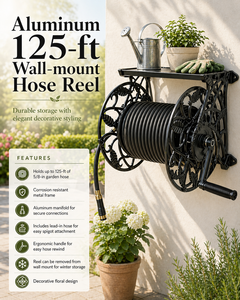 Enrouleur de tuyau d'arrosage mural décoratif en métal de 38 m avec étagère pour jardin et patio extérieur Vietnam Garden Supply ODGGAD016 - Product Image 3
