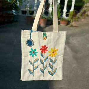 Bolsa de Mano de Lona de Algodón Hecha a Mano con Bordado de Tres Flores, Bolsa de Compras Reutilizable, Bolsa de Hombro para Viajes Diarios, Mini Bolsa de Tela - Product Image 1