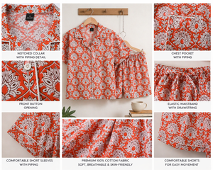 ชุดนอนสั้นลายดอกสีส้มพิมพ์ลายด้วยมือสำหรับผู้หญิง เสื้อแขนสั้นผ้าฝ้าย กางเกงขาสั้น ชุดลำลอง งานฝีมือชิ้นเอก - Product Image 5