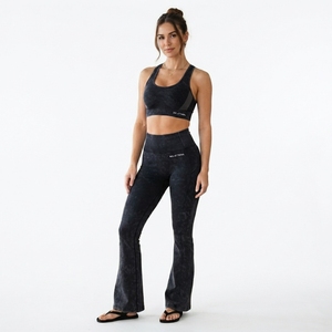 Women Black Acid Wash Yoga Set Racerback <b>Crop</b> Sports Bra High Waist Flare <b>Leggings</b> Gym Fitness Workout Activewear - Product Image 4