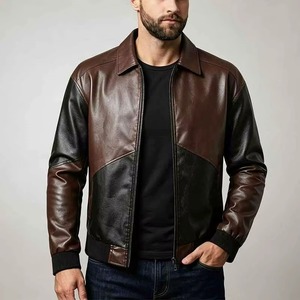 Chaqueta de Cuero para Hombre, Color Marrón y Negro, Estilo Motero, Cuello Camisero, Cierre de Cremallera, Abrigo de Moda para Otoño - Product Image 1