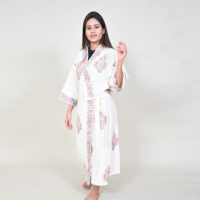 Robe longue pour femme, imprimée à la main, motif floral blanc, col en V, manches trois-quarts, vêtement de nuit décontracté, été/hiver, 100% coton, tissu gaufré