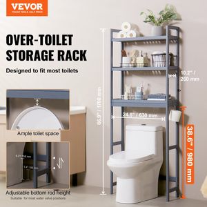 Organizzatore da Bagno a 3 Ripiani Regolabile in Bambù con 3 Ganci, Scaffale Autoportante da Posizionare Sopra il WC - Product Image 2
