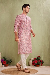 Traditional Casual Wear <b>Men's</b> Pink Printed Cotton <b>Kurta</b> Regular Fit Ankle-Length India Pakistan Style <b>Kurta</b> for <b>Mens</b> - Product Image 2