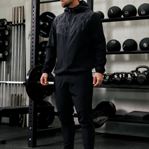 Men's Black Hooded Tracksuit Full <b>Zip</b> Geometric Pattern Sporty Casual Wear With Side Pockets Regular Fit Autumn Style - Product Image 5