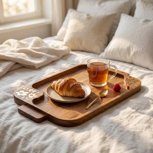 Plateau de rangement en bois à un seul niveau, rectangulaire, avec motif floral sculpté, verni, minimaliste, passe au lave-vaisselle, pour une utilisation en cuisine - Product Image 2