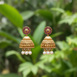 Krishna Style Matte Pearl Jhumka Drop Earrings-Ethnic Religious Chandelier Studs - Product Image 3