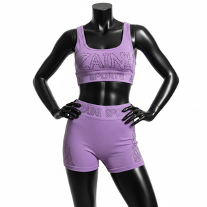 Conjunto de shorts para mujer, 220 GSM, de nailon y elastano acanalado, color lavanda morado, ajuste sin costuras, con logo de pedrería termoadhesiva, conjunto de shorts de algodón para mujer - Product Image 6