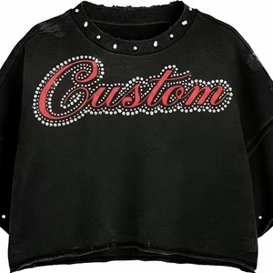 T-shirt court noir à strass, manches larges déchirées, col rond, lettres personnalisées, tee-shirt femme streetwear - Product Image 3
