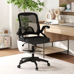 Sedia da Ufficio Alta per Disegno Tecnico con Supporto Lombare, Braccioli Ribaltabili, Poggiapiedi Regolabile, Seduta Nera, Altezza Regolabile - Product Image 2