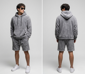 Ensemble court streetwear pour homme en molleton tricoté gris ultra-doux 100 % coton avec cordon de serrage ajustable, coupe décontractée et chaude pour l'hiver - Product Image 4