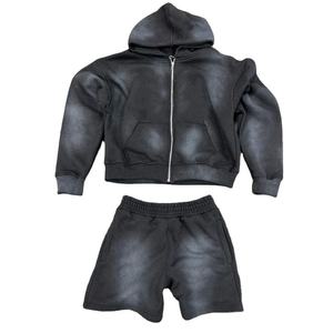 Ensemble sweat à capuche zippé et short en coton délavé respirant de haute qualité, tendance et personnalisé pour homme – Collection Hiver – Prix de gros - Product Image 1