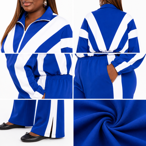 Women's Blue <b>White</b> Color Block Tracksuit Set Full Sleeve Loose Fit Sporty Style Knitted Polyester All Seasons Wear - Product Image 5