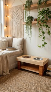 Wood Modern <b>Dog</b> Feeding <b>Table</b> With Stainless Steel Bowls Outdoor Durable Furniture Rectangle Design For Living Room for food - Product Image 3