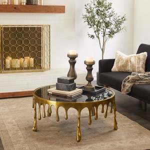 Table basse moderne avec design effet gouttelettes, plateau en verre trempé de 36 pouces de diamètre, mobilier contemporain pour salon - Product Image 3