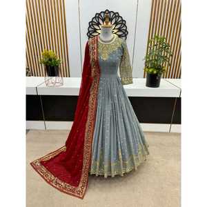 DISEÑADOR GEORGETTE BORDADO SECUENCIA BATA DE TRABAJO CON DUPATTA GRIS - Product Image 1