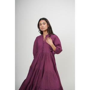 Robe longue trapèze violette faite main de haute qualité, col en V, manches courtes, en coton, style simple, taille naturelle, respirante, pour femme, idéale pour le printemps - Product Image 4