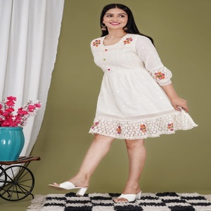 Chic Off White Cotton Dress with Multicolor Embroidery and Lace Hem Detailing for Stylish Everyday Elegance - Product Image 5
