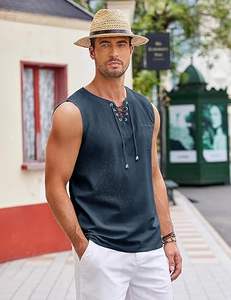 Camisetas sin mangas de lino y algodón para hombre, estilo casual, con cordones, para la playa, estilo hippie. - Product Image 5