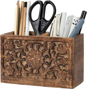 2 Slot <b>Rustic</b> Pencil Holder Pen Stand for <b>Desk</b> Organizer Handcarved Wooden Pen Holder for Desktop Table Wood Office Accessories - Product Image 1