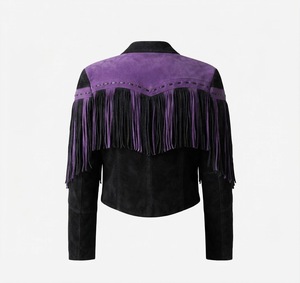 <b>Black</b> Suede Fringed Blazer Full Sleeve Turn-down Collar Autumn Women's Jacket Solid Color Short Length - Product Image 2