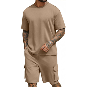 Conjunto de Camiseta de Cuello Redondo de Algodón de Color Sólido para Hombre con Pantalones Cortos Cargo, Atuendo Casual de Verano, Tejido de Punto Transpirable - Product Image 5