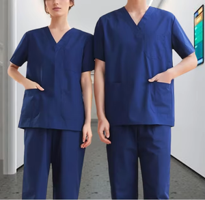 Conjunto de Uniforme Médico Unisex Azul, Top con Cuello en V, Pantalones Rectos, Uniforme de Hospital, Tela de Algodón y Poliéster - Product Image 1