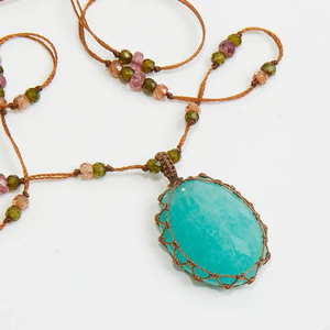 Collar Colgante de Macramé Turquesa Hecho a Mano con Perla de Agua Dulce, Chapado en Platino, Grande, Azul Verde Aguamarina, Joyería Boho Curativa para Fiestas - Product Image 1