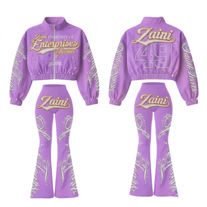 Premium Women Windbreaker <b>Suit</b> 140 GSM Polyester Taslan <b>Purple</b> Lightweight Jacket Flared Pants Custom Logo OEM ODM Printing - Product Image 1