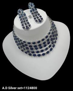 Luxury <b>Silver</b> Plated American Diamond Jewelry Set With Sparkling Blue Oval Stone Layered <b>Choker</b> AD JEWELLERY Set Party Wear Gift - Product Image 2