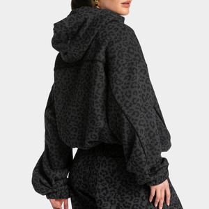 Black & Grey Leopard Print Contrast Pipping Women's <b>Tracksuit</b> Oversized Pullover Contrast Lining Hoodie & Jogger For Women's - Product Image 4