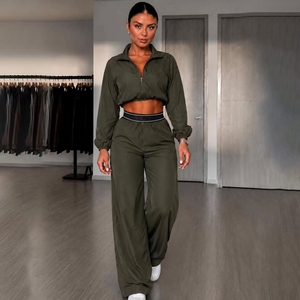 Ensemble de survêtement 2 pièces pour femme, haut à manches courtes semi-zippé, pantalon large, couleur unie, coupe décontractée, respirant et léger - Product Image 4
