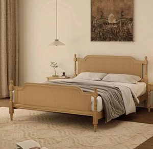 Traditional Solid Wood <b>Bed</b> <b>Frame</b> with <b>Rattan</b> Headboard and Footboard Natural Color Bedroom Furniture - Product Image 1