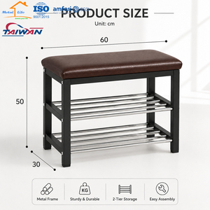 Banc à chaussures avec coussin en similicuir, étagère de rangement à 2 niveaux en métal pour entrée et placard - Product Image 2