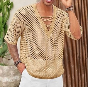 Summer Wear Half Sleeve <b>Fishnet</b> Distress Outdoor Drawstring Neck See Through Transparent Loose Workout Casual Sheer Mesh T Shirt - Product Image 5