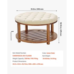 Tavolino da Caffè in Legno Massello da 31,9 Pollici con Poggiapiedi Imbottito in Lino, Grande Tavolino con Ripiano Portaoggetti - Product Image 5