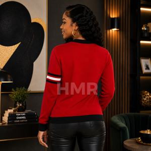 HMR อะคริลิค sisterhood สีแดงเสื้อสเวตเตอร์ถักคอวีมีลายสีขาวสีดำและมีสไตล์เป็นมิตรกับสิ่งแวดล้อม - Product Image 4
