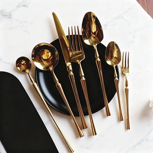 Ensemble de couverts en acier inoxydable plaqué or, finition miroir, luxe, fourchette, cuillère, couteau, pour mariage, kit 4 pièces - Product Image 3